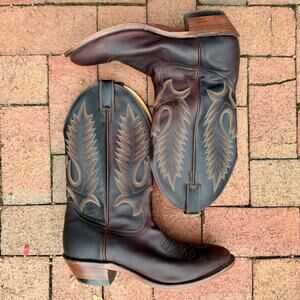 Boulet Men’s Western Cowboy Boots Size 9.5 E Brown Leather Embroidered Stitch